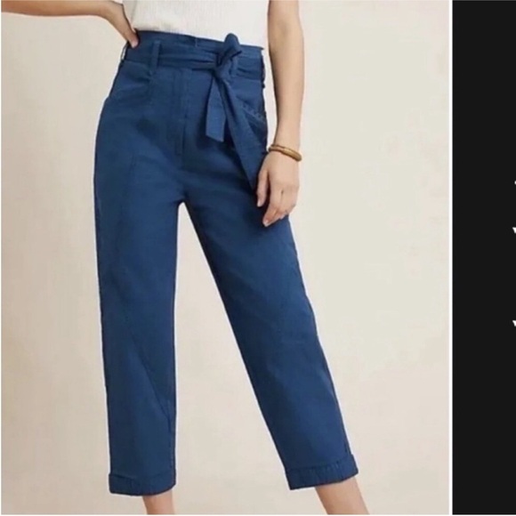 ANTHROPOLOGIE Belted Trousers blue Size 2 high rise - Picture 1 of 8